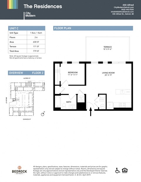 Floor plan for 1 bed, 1 bath, 608 sqft